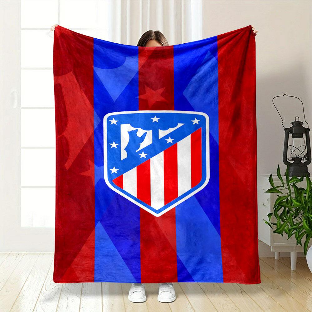 Vertical red and blue stripes with a shield emblem in the center. for all seasons blanket lunch break throw gift