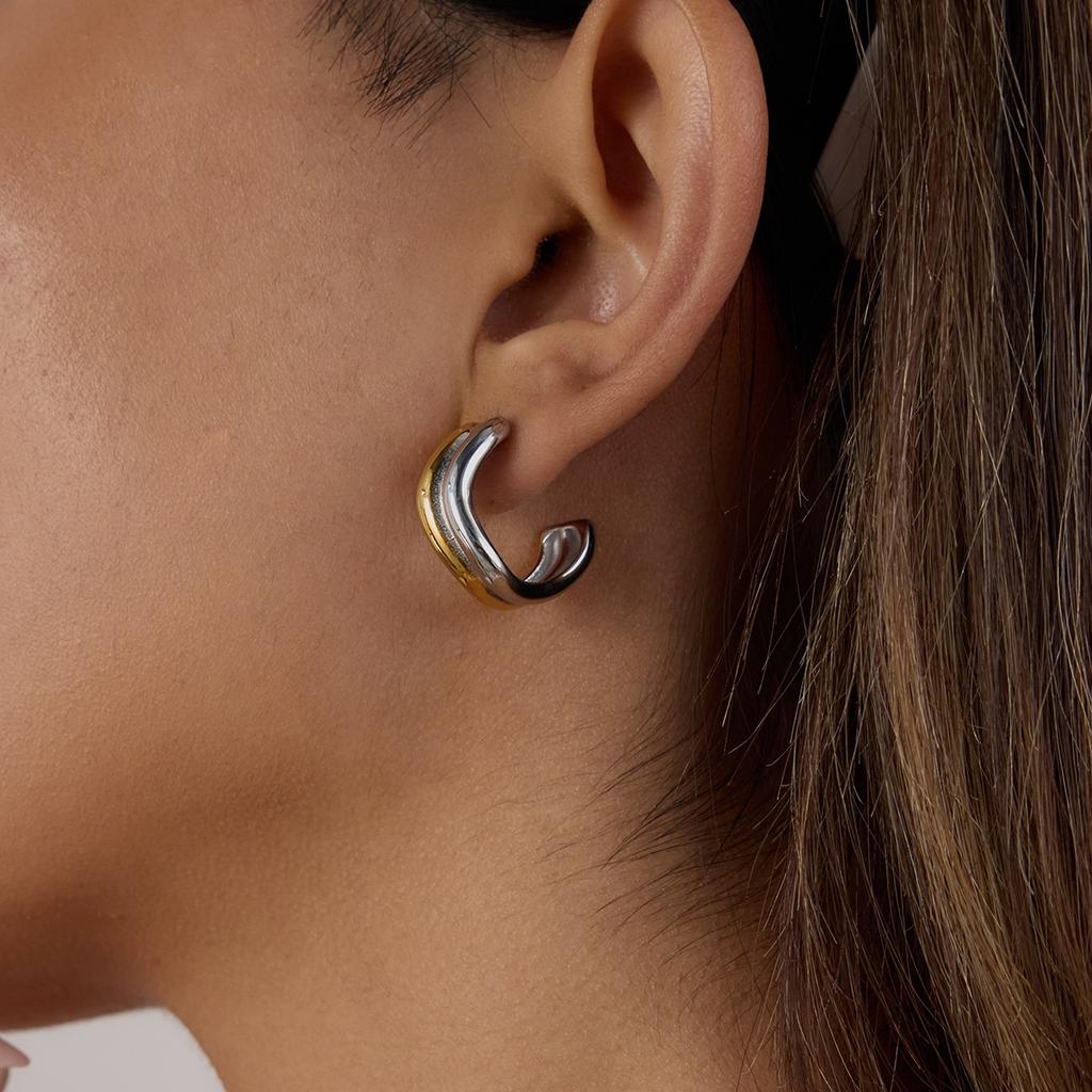 Yori Double Color Stainless Steel Metal Wave C-shaped Stud Earrings for Women Waterproof PVD Gold Plated Jewelry Gift