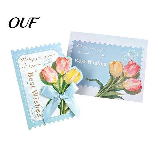 Decorative Greeting Cards Floral Card with Envelope, Thank You Ribbon Bow, Note Envelope Best Wishes for Wedding, Birthday, Baby Shower, Graduation