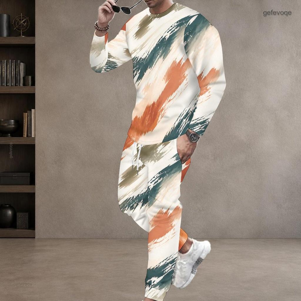 Men Plus Size Blue Printed Round Neck Long Sleeve Two Piece Cuffed Pants Set