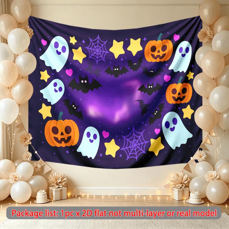 Stars Home Pumpkins Halloween Theme Banner, Purple Polyester Backdrop for Wall Hanging & Photo Booth