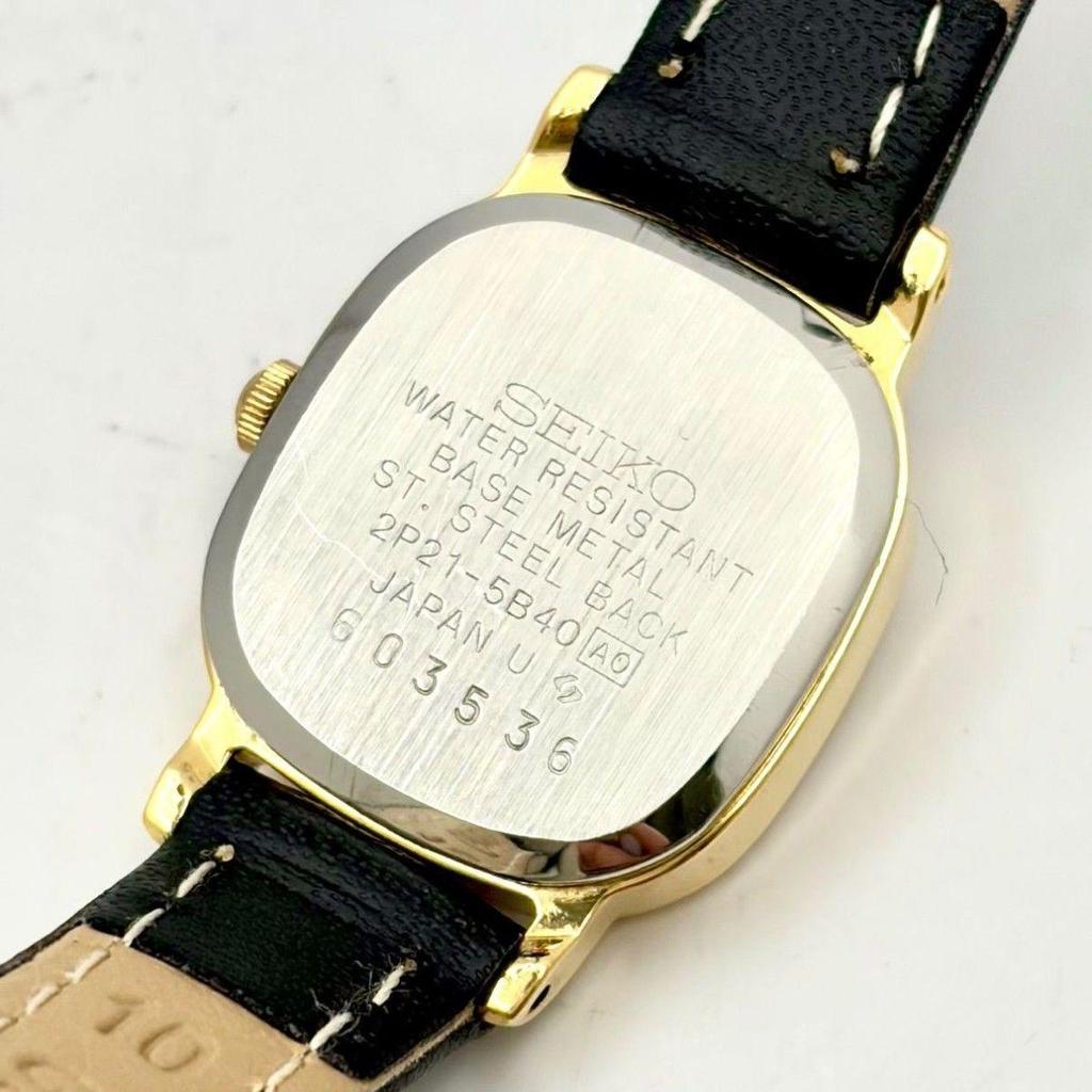 Used [NEW BATTERY] SEIKO Ladies Watch Gold Square 2P21-5B40 603536 New Strap