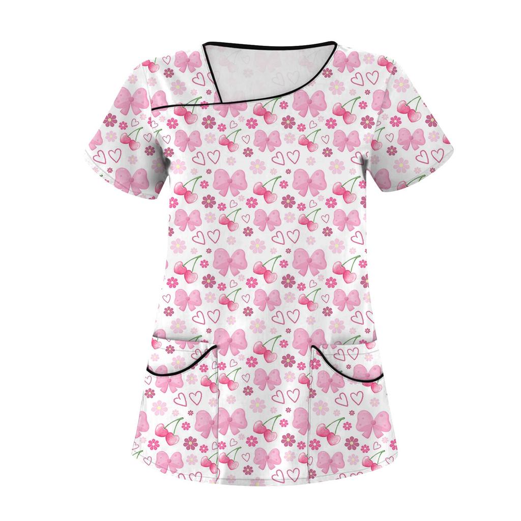 Женская мода с бантом и принтом, короткий рукав, рабочая одежда с двойными карманами