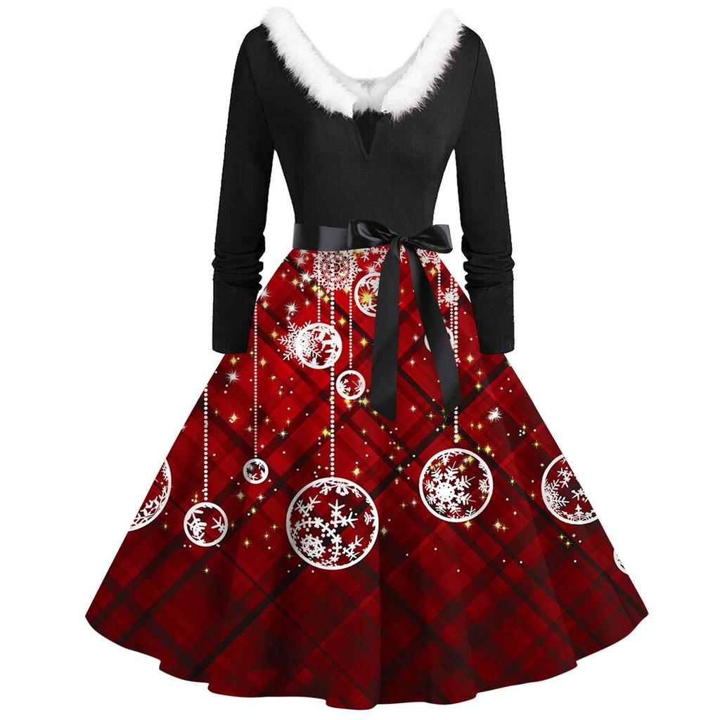 Женское повседневное и модное платье с длинными рукавами и V-образным вырезом с рождественским принтом на молнии