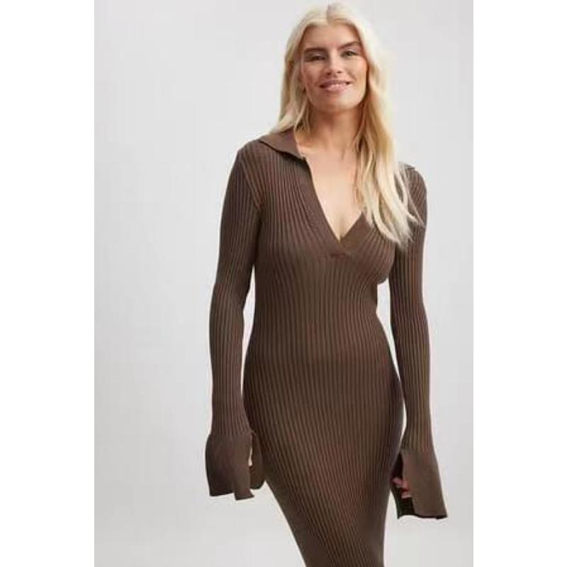 Autumn and Winter Women's Long Sleeve Dress Knitted Deep V Sweater Long Dress