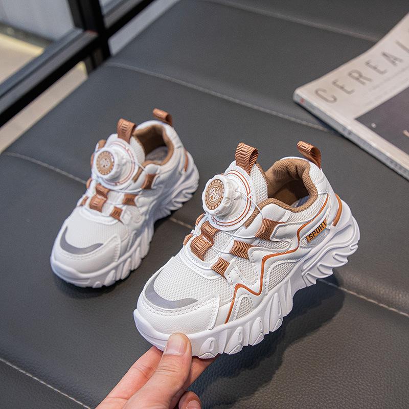 Children's rotating button sneakers, new spring/autumn styles, breathable mesh sneakers for girls, Korean-style dad shoes for boys