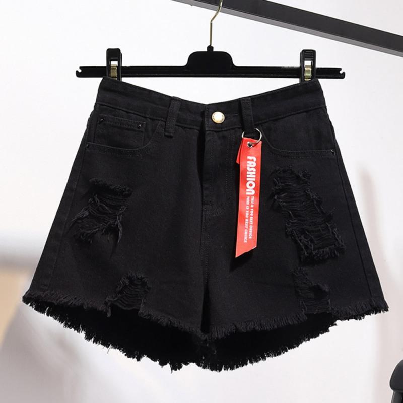Women Solid Color High Waist Slim Casual Slim Waist Summer Loose Hole Hot Denim Shorts