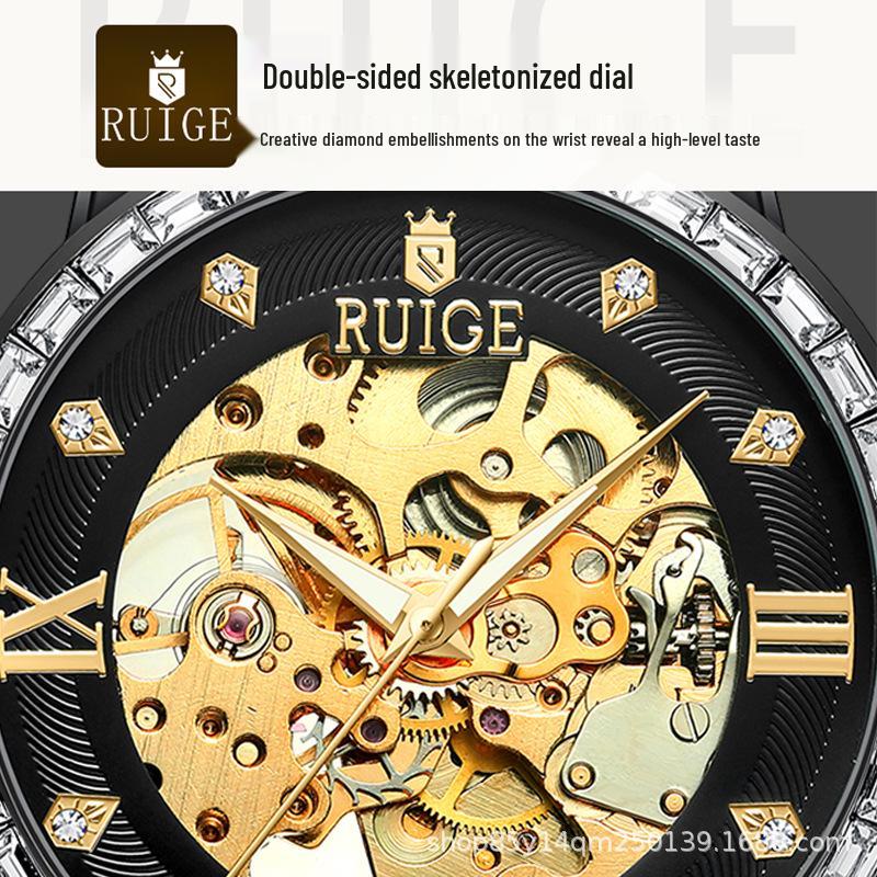 Мужские автоматические скелетон-часы RUIGE, Нержавеющая сталь, Инкрустация бриллиантами, Люминесцентные, Водонепроницаемые, Модные.