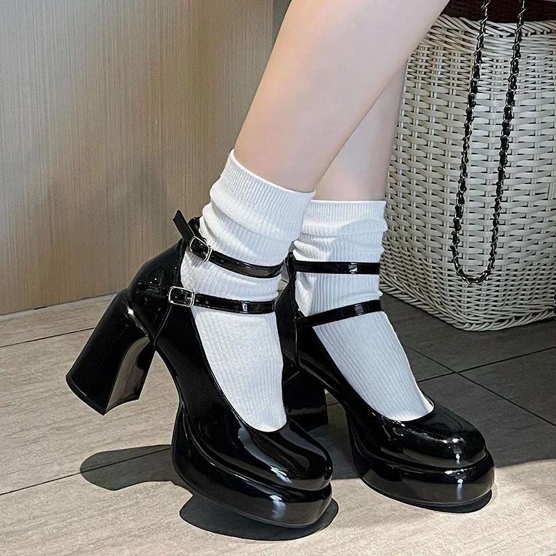 High Heels Women's Spring Autumn Pumps Shoes Red Black Retro Thick Soled Jane Ankle Buckle Chunky Retro Shoes Women