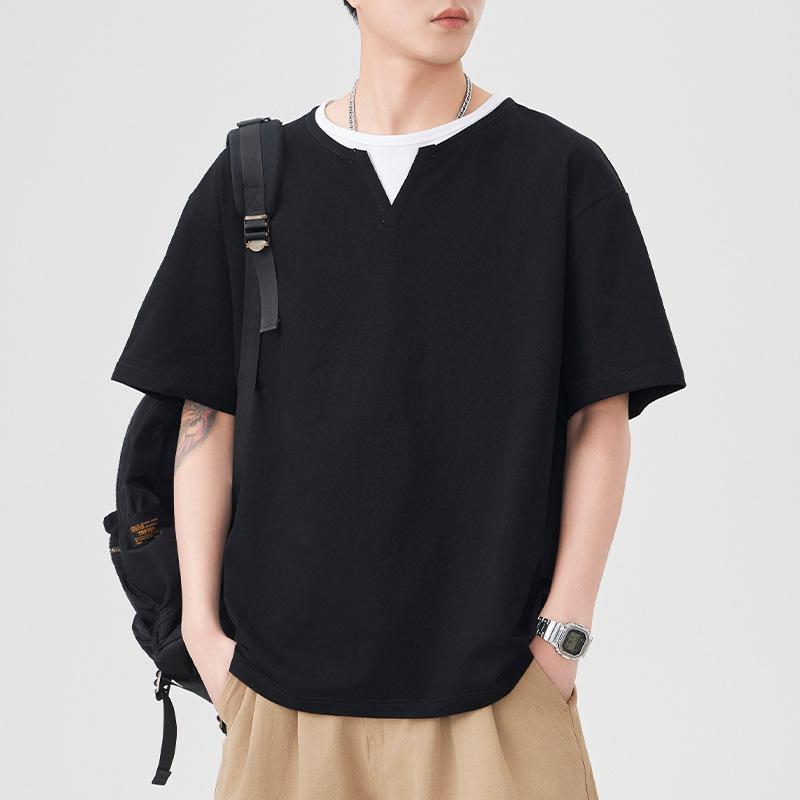 Летняя новая футболка с коротким рукавом, мужская свободная футболка с V-образным вырезом, футболка-обманка из двух частей, свободный японский ретро-стиль