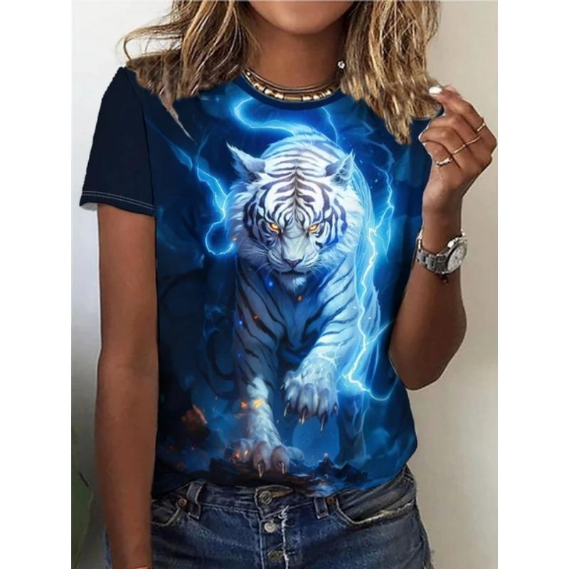 Women's Summer Fashion Casual Loose Plus Size Tiger 3D Printed Round Neck Short Sleeved T-shirt Top 6XL