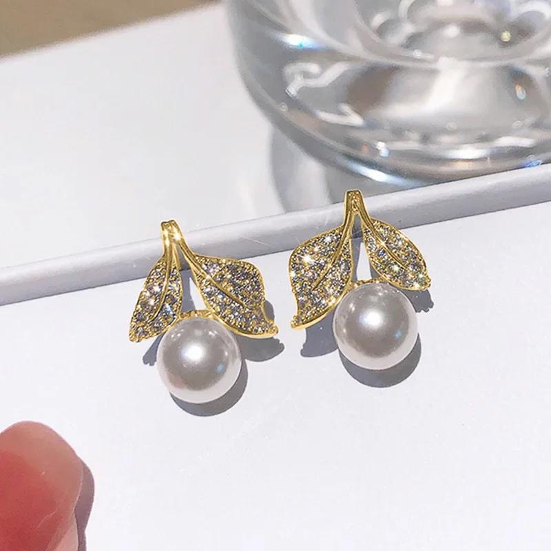 New High End Pearl Zircon Leaf Earrings For Women'S Daily Wear, Fashionable, Elegant, Light Luxury Jewelry Accessories