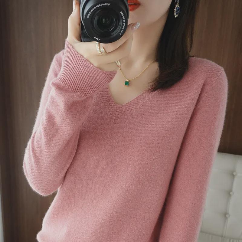 Женский свитер свободной вязки с V-образным вырезом 2024 года — длинный рукав, большой размер