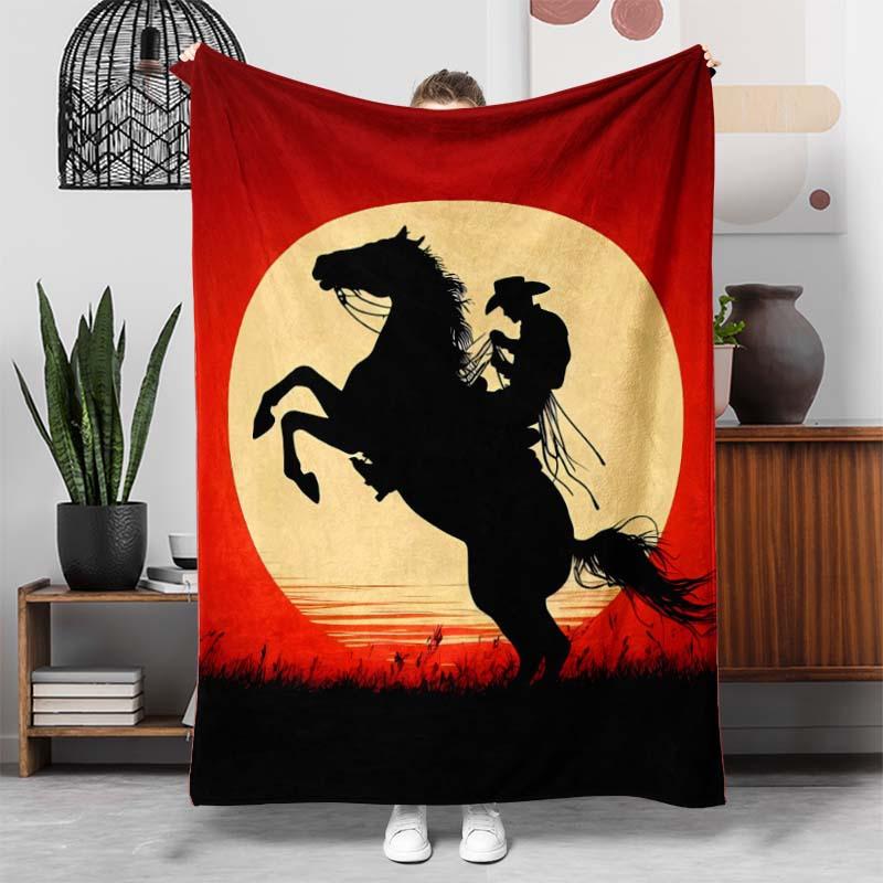 1pc Western Cowboy Throw Blanket - Soft Flannel Bedspread with Red to Black Ombre Sunset & Cowboy Silhouette - All-Season Couch,