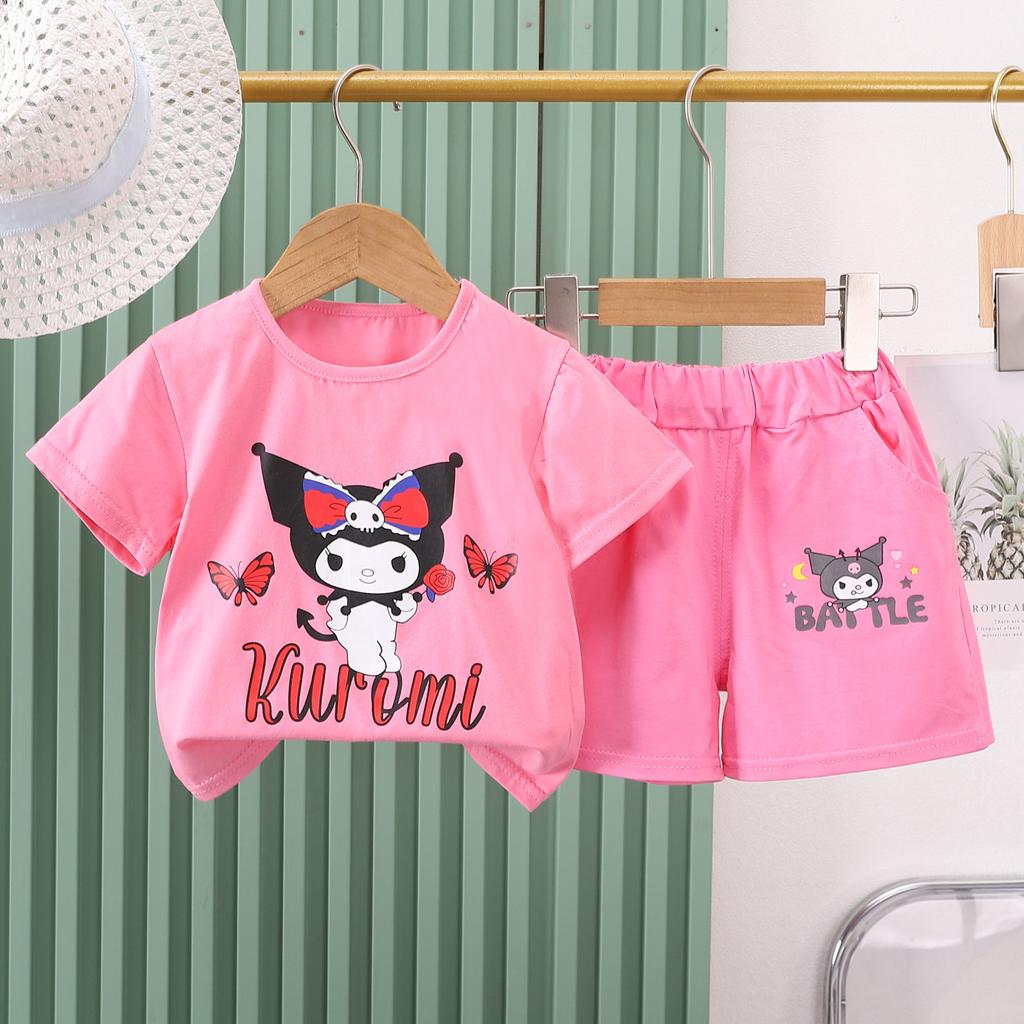 Girls Summer Korean Cartoon Print Loose T Shirt And Shorts Set Fashionable Casual Two Piece Outfit For Kids
