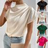Женские повседневные топы, плиссированная футболка с короткими рукавами и высоким воротником, однотонные гладкие атласные пуловеры, топы, повседневная одежда
