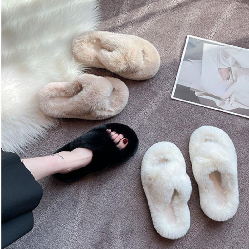 Женские зимние пушистые домашние тапочки, женские домашние шлепанцы с перекрестным пушистым мехом, домашняя обувь на плоской подошве, женские шлепанцы