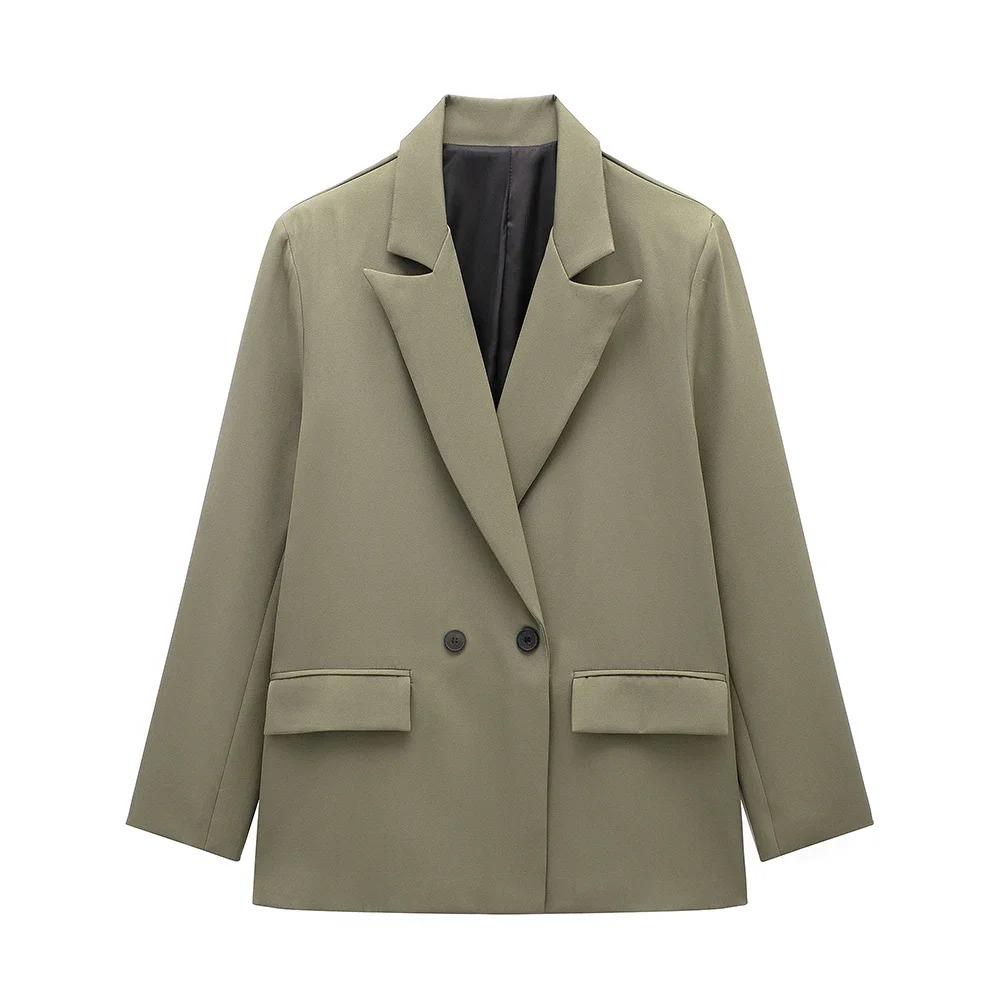 Женская мода с карманами, однотонный двубортный блейзер в винтажном стиле с длинными рукавами и вырезом на шее, женские офисные наряды для леди