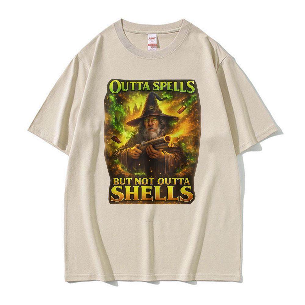 Outta Spells But Not Outta Shells Ironic Wizard T Shirt Funny Fantasy Meme T Shirts Men Women Fashion Summer 100 Cotton Tshirt