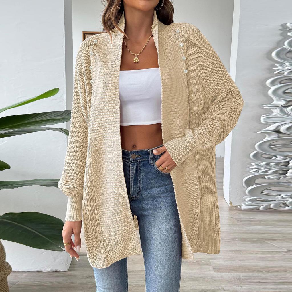 Women's  And Winter Outerwear, Fashionable Loose Sweater, Pearl Studded Cardigan