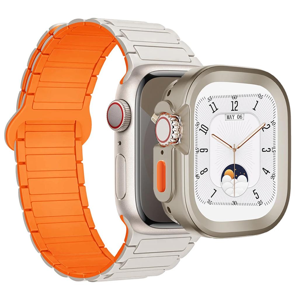 Ремешок+Чехол для Apple Watch Ultra 2 49 42 45 44 S10 46мм Магнитный силиконовый ремешок+чехол для IWatch Series 9 8 7 6 5 4 42мм 40 41мм