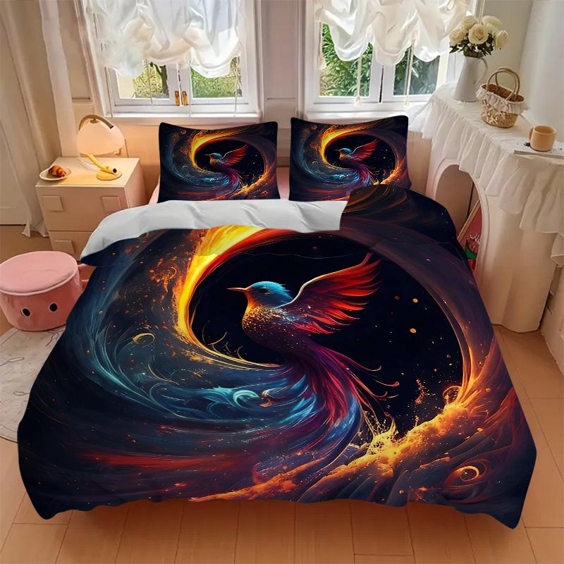 3pcs Phoenix Rising Pattern Bedding Three-Piece Set (1 Cover + 2 Pillowcases, No Fillings), This Printed Bedding Set Is Soft and Comfortable, Sui