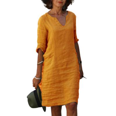 Летнее женское платье с V-образным вырезом, рукавами три четверти, свободного кроя, однотонное, до колена