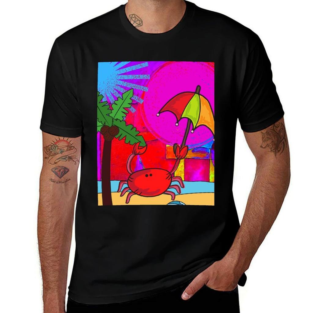 CUTE FUNNY CARTOON FUCHSIA RED PINK CRAB WITH UMBRELLA ON BEACH ORIGINAL ART TShirt Big and Tall Gym TShirt