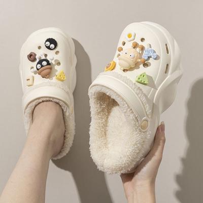 Флисовые туфли-дырки женские осень-зима 2024 новые верхняя одежда нескользящая толстая подошва увеличивающая рост плюшевая сумка голова хлопковые тапочки женские