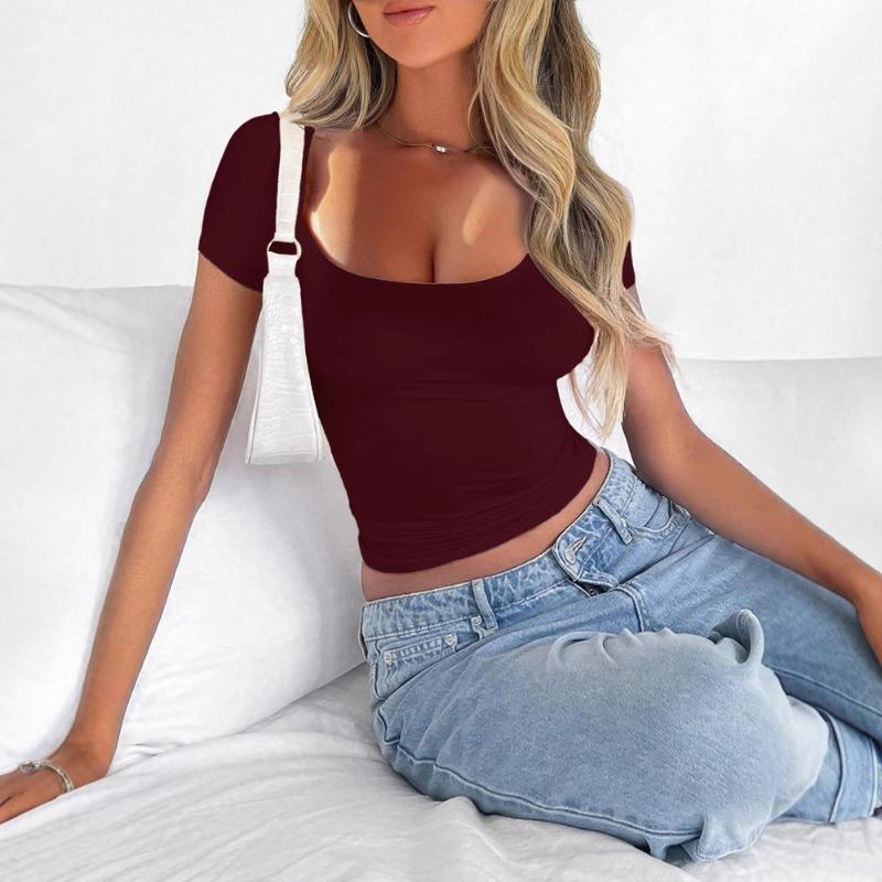 Women's Spring Sexy Spice Short Sleeve Fashion New Square Neck Slim Dew Neck T-shirt Short Tops