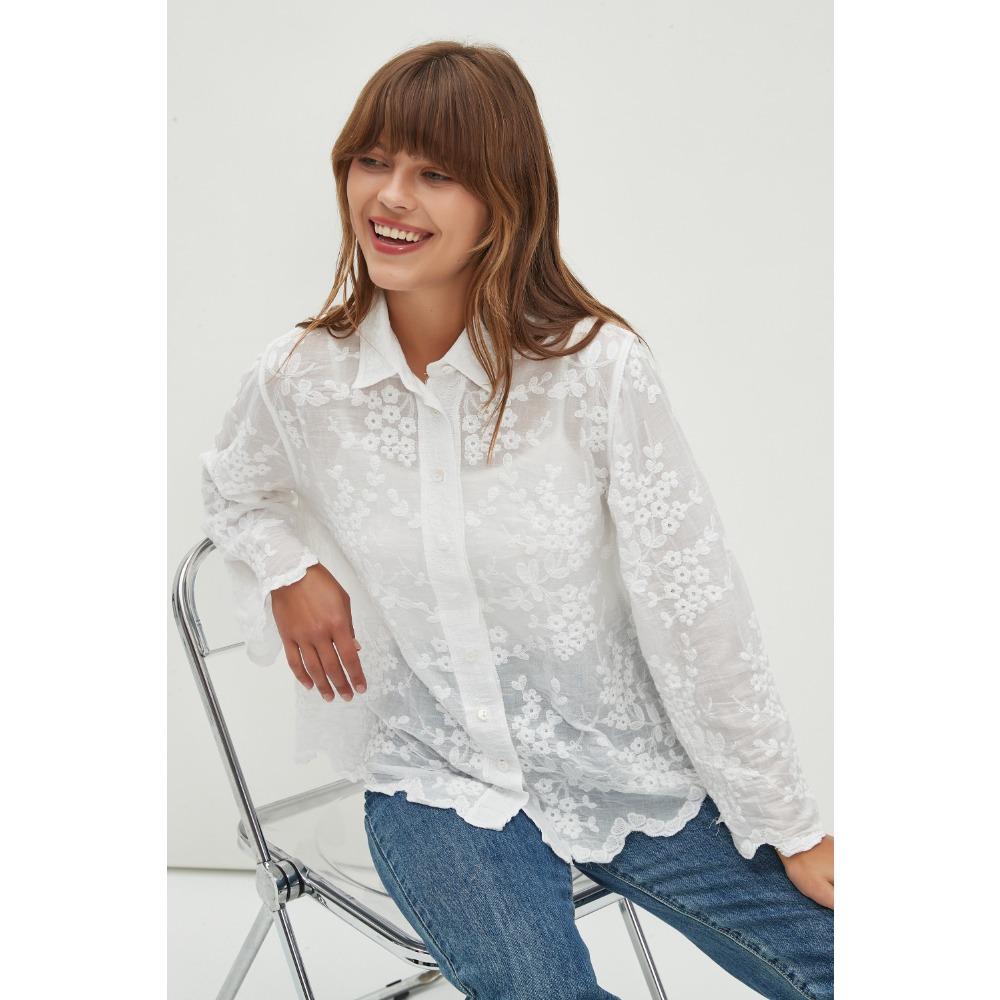 Dimanaf 2025 Women Spring Shirt Lace Blouse Long Sleeve Buttons Fashion Tops Tees Loose White Tees New