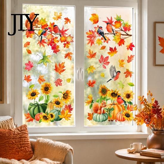Seasonal Store Window Decorations Autumn Harvest Decals, Sunflower Maple Leaf Pumpkin Bird Static Cling Stickers, Decals Reusable Fall Decor for Home
