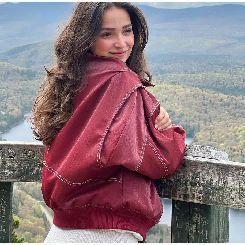 Повседневная свободная куртка женская мода рукав-фонарик лацкан кожа женские пальто осень уличный большой размер шикарные женские куртки