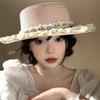 Flat Top Lace Floral Brim Cap Japanese Style Women's Sun Hat Simple Straw Woven Top Hat  Beach