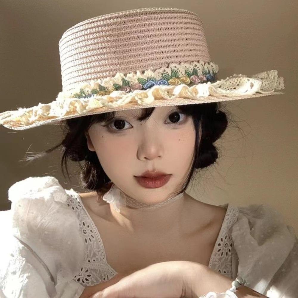 Flat Top Lace Floral Brim Cap Japanese Style Women's Sun Hat Simple Straw Woven Top Hat  Beach