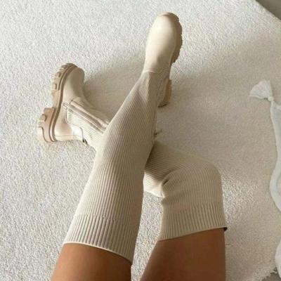 2024 Модные новые рыцарские сапоги на толстой подошве, зимние повседневные женские вязаные эластичные сапоги выше колена Botas De Mujer