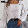 Women's Fashion Casual Solid Color Print Autumn Winter Long Sleeve Square Collar Loose Sweaters