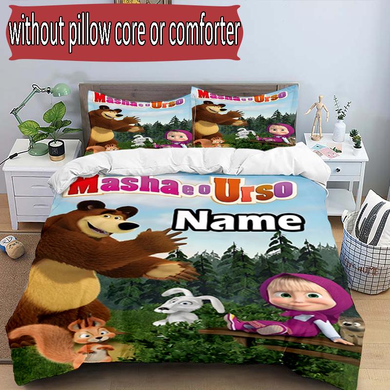 3pcs Duvet Cover Set (1*Duvet Cover + 2*Pillowcase, Without Core), Custom Name Masha and The Bear Pattern Bedding Set, Home Bedroom Decor Gift