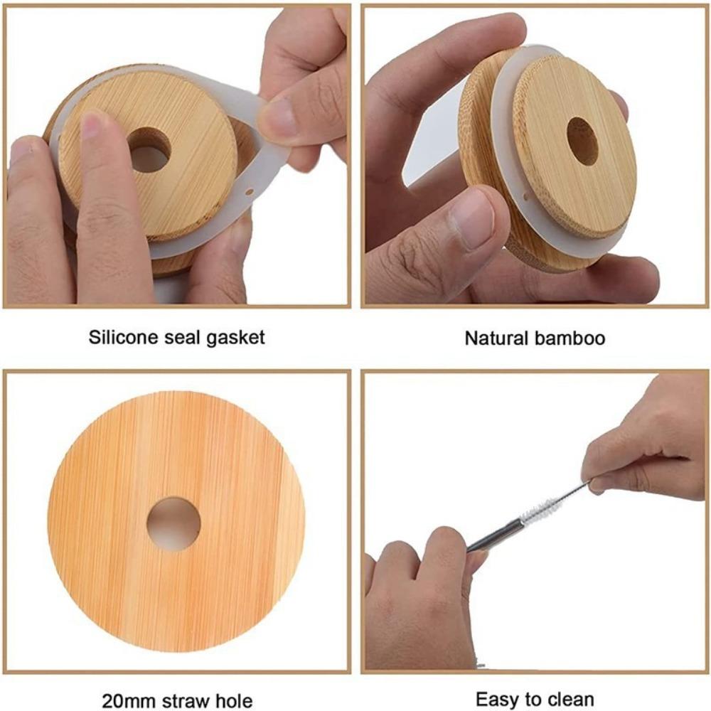 Straw Lid With Glass Hole Bamboo Wood Lids Mason Jar Lids Cup Covers