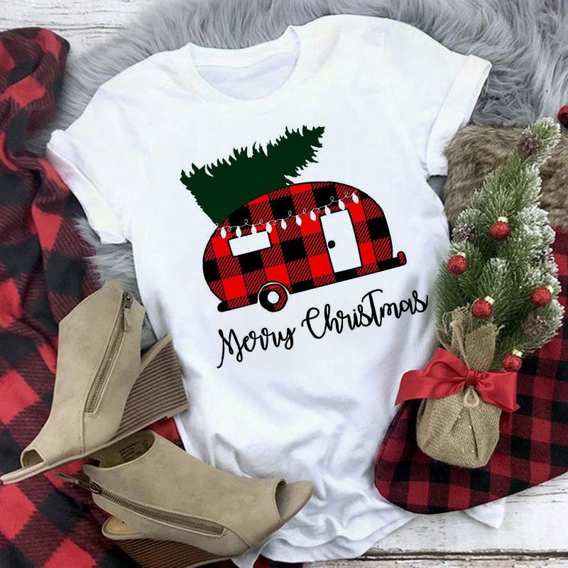 Maycaur T-shirts Women 90s Christmas Truck Clothes Cartoon Kawaii Deer Printed Tshirt Top Lady Print Tee Women's Y2K Clothing