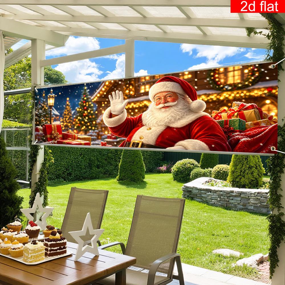 Merry Christmas Yard Sign Party Banner, Waving Santa Claus Gift Box Snowy Cabin Pattern, Polyester Outdoor Garden Fence Decoration
