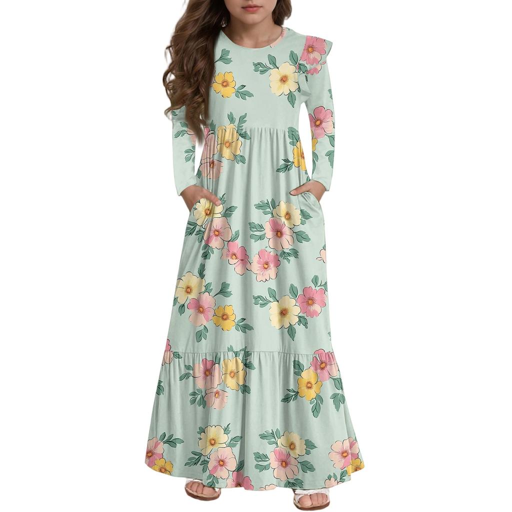 Girls' Tiered Ruffle Dress - Long Sleeve Printed Maxi With Pockets