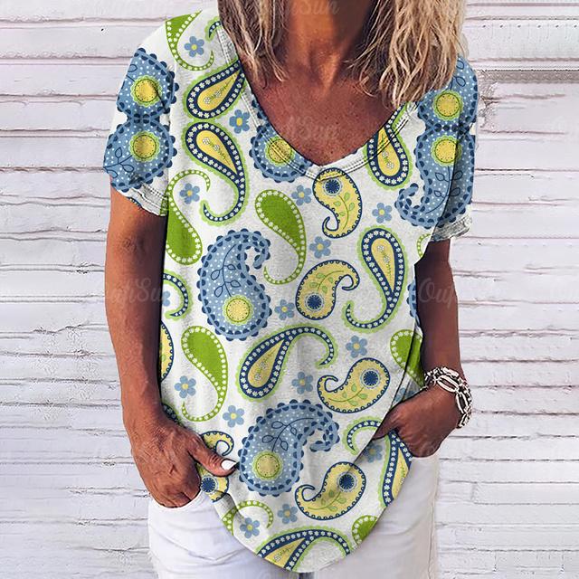 Винтажный топ с принтом, женская уличная одежда с короткими рукавами, летняя футболка, женская модная повседневная футболка с v-образным вырезом, женская одежда большого размера Y2k