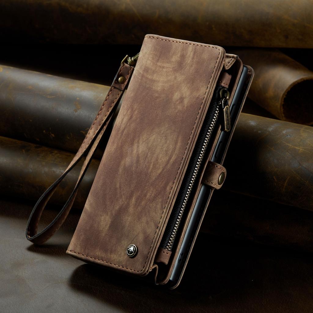 Чехол для Samsung Galaxy из кожаного материала с большими скрытыми отделениями для карт и противоударной защитой, дизайн 2-в-1, застежка-молния