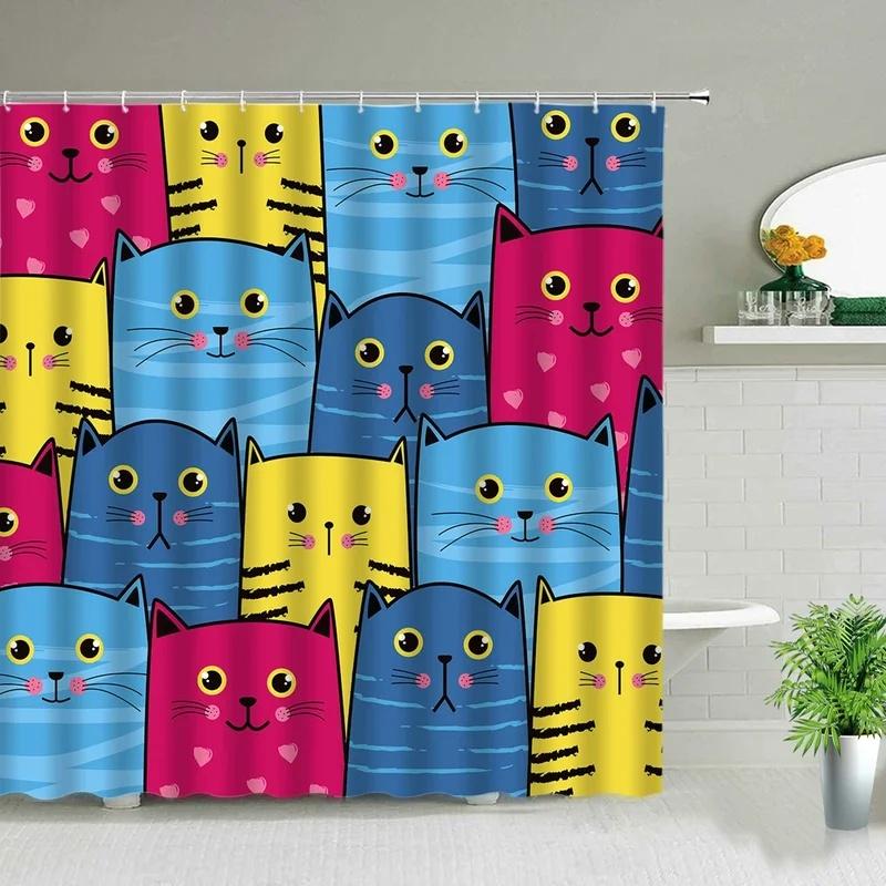 VIKAMA Funny Cat Bath Curtain Colorful Cartoon Kitten Group Pattern Waterproof Shower Curtain for Bathroom Decor