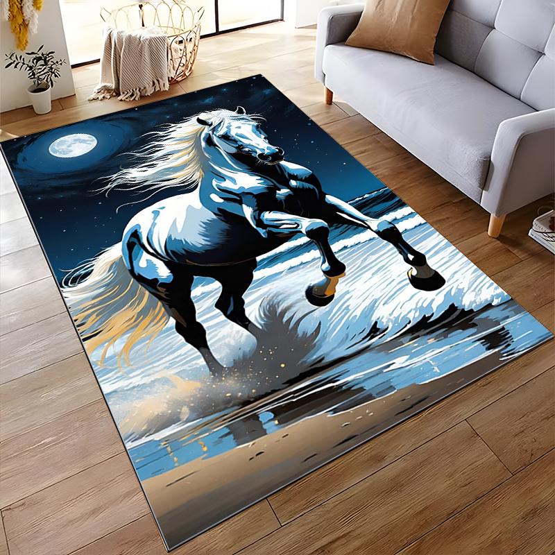 Majestic White Horse Running by Moonlight Non-slip rug suitable for living room and bedroom sofas