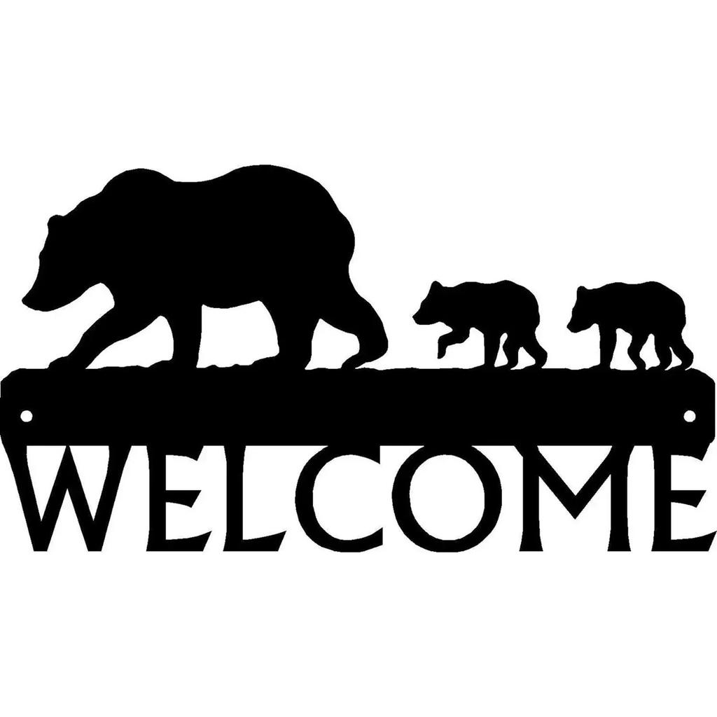 Bear & Cubs Welcome Sign - 12" X 6.5" Metal Wall Art for Rustic Home Décor,and Charming Cabin Entrance with Bear Family Design