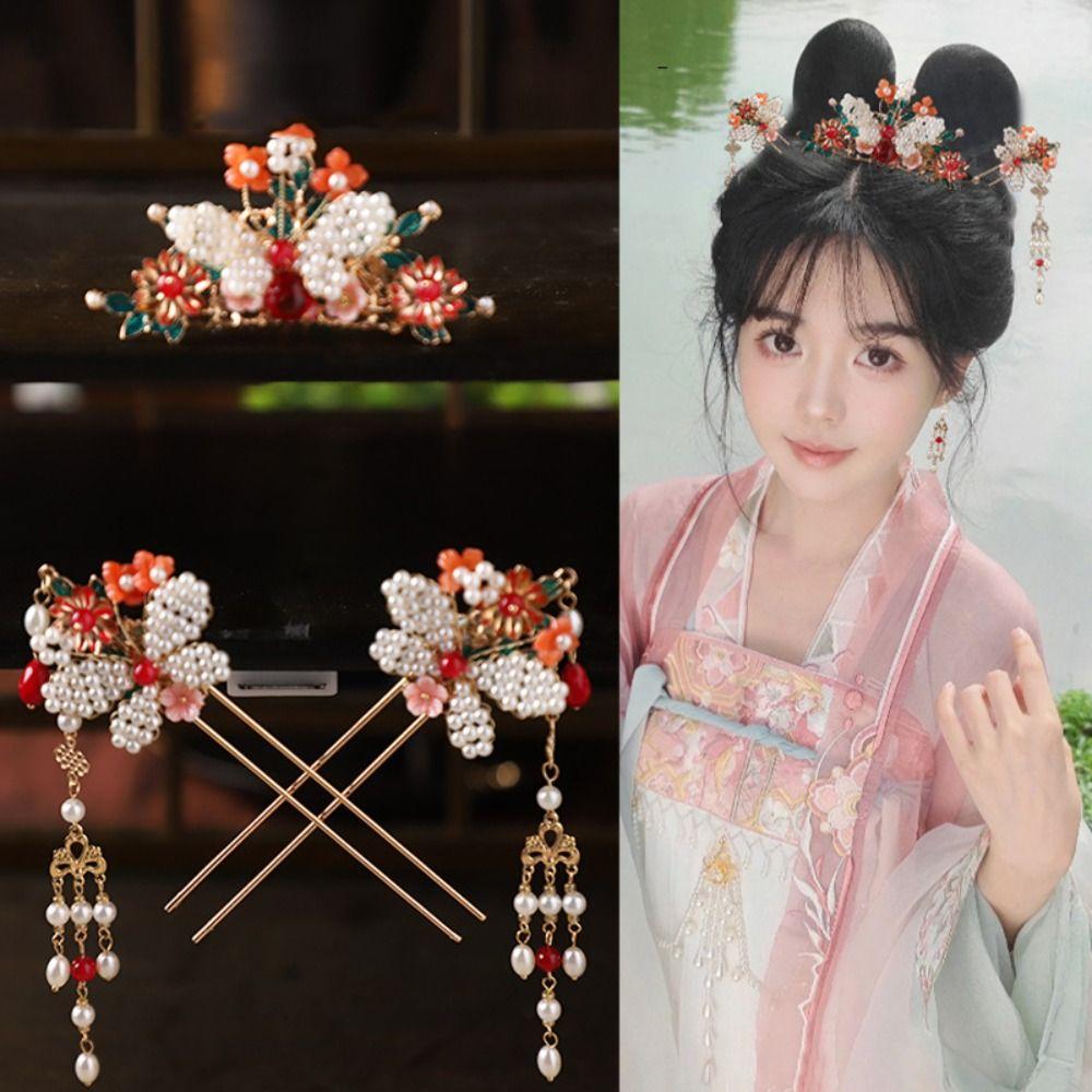 Жемчужная палочка для волос Hanfu, расческа для волос в виде цветка и бабочки, старинный китайский стиль, набор шпилек, инструмент для укладки волос