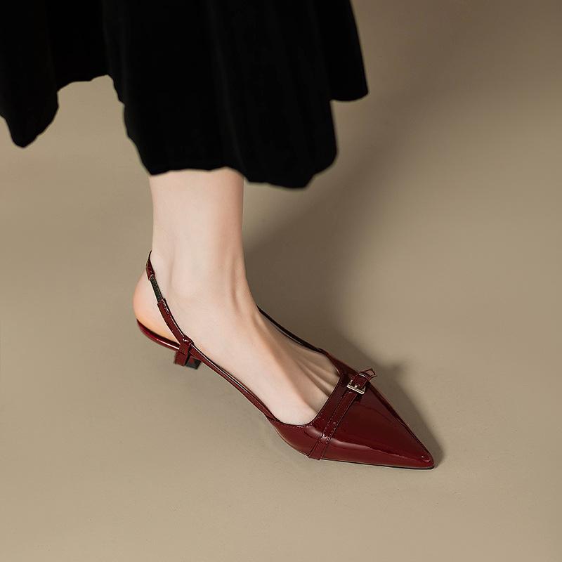 Летние французские винно-красные лакированные босоножки из лакированной кожи на среднем каблуке для женщин с заостренным носком на каблуке в стиле ретро с пустыми носами