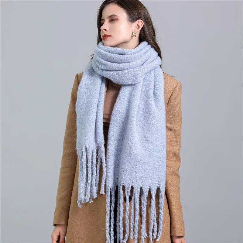 Winter Scarf Women Luxury Mohair Scarf Cashmere Warm Pashmina Solid Female Scarves Wraps Thick Soft Bufanda Big Tassels Shawl Long Stole Scarf